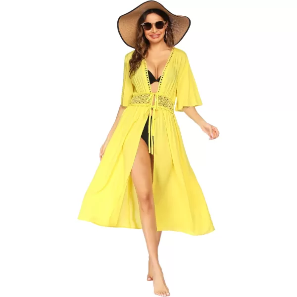 Ekouaer Womens Swimwear Cover Ups Sexy Open Front Beach Bikini Swimsuit Kimono Cardigan Cover Up Long Flowy BeachwearB Yellow