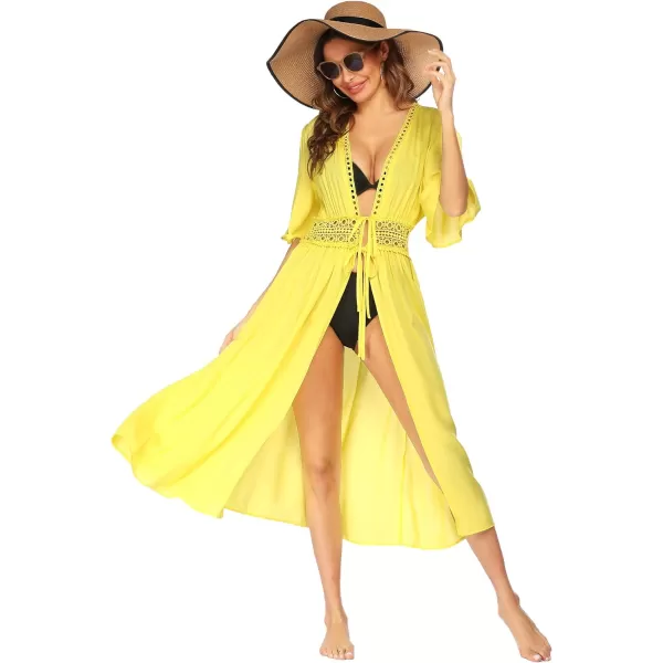 Ekouaer Womens Swimwear Cover Ups Sexy Open Front Beach Bikini Swimsuit Kimono Cardigan Cover Up Long Flowy BeachwearB Yellow