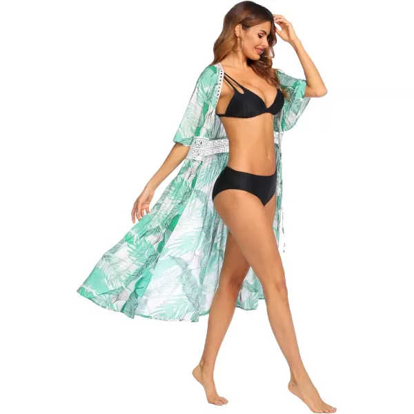 Ekouaer Womens Swimwear Cover Ups Sexy Open Front Beach Bikini Swimsuit Kimono Cardigan Cover Up Long Flowy BeachwearPrint Green Leaf