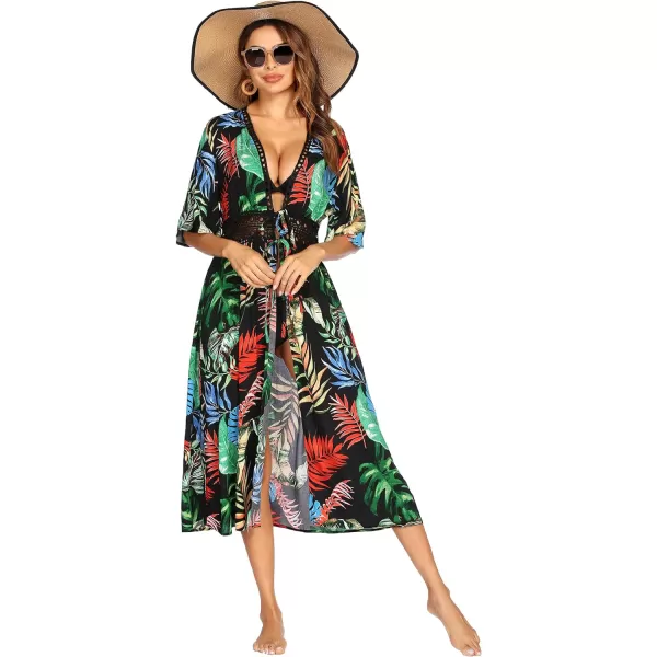 Ekouaer Womens Swimwear Cover Ups Sexy Open Front Beach Bikini Swimsuit Kimono Cardigan Cover Up Long Flowy BeachwearPrint Multicolor Leaf