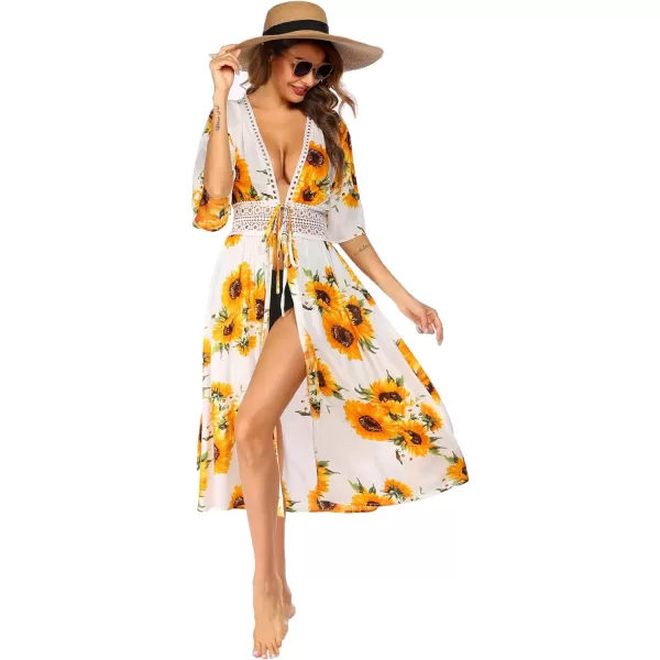 Ekouaer Womens Swimwear Cover Ups Sexy Open Front Beach Bikini Swimsuit Kimono Cardigan Cover Up Long Flowy BeachwearPrint Sunflower