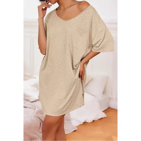 Ekouaer Womens Tshirt Nightgown Cotton V Neck Sleepshirts Comfy Casual Nightshirt for WomenKhaki