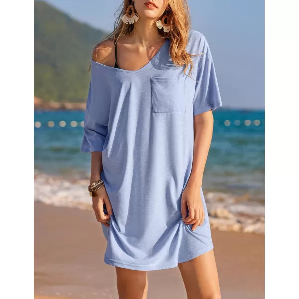 Ekouaer Womens Tshirt Nightgown Cotton V Neck Sleepshirts Comfy Casual Nightshirt for WomenLight Blue