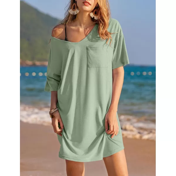 Ekouaer Womens Tshirt Nightgown Cotton V Neck Sleepshirts Comfy Casual Nightshirt for WomenLight Green