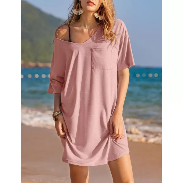 Ekouaer Womens Tshirt Nightgown Cotton V Neck Sleepshirts Comfy Casual Nightshirt for WomenMisty Pink