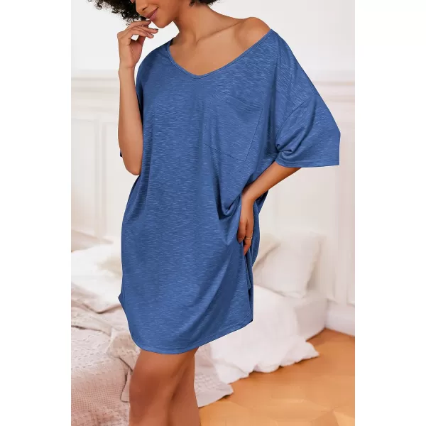 Ekouaer Womens Tshirt Nightgown Cotton V Neck Sleepshirts Comfy Casual Nightshirt for WomenPeacock Blue