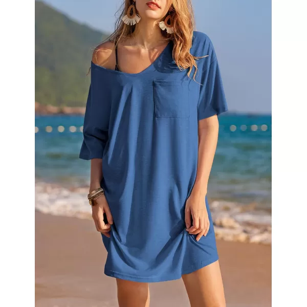 Ekouaer Womens Tshirt Nightgown Cotton V Neck Sleepshirts Comfy Casual Nightshirt for WomenPeacock Blue