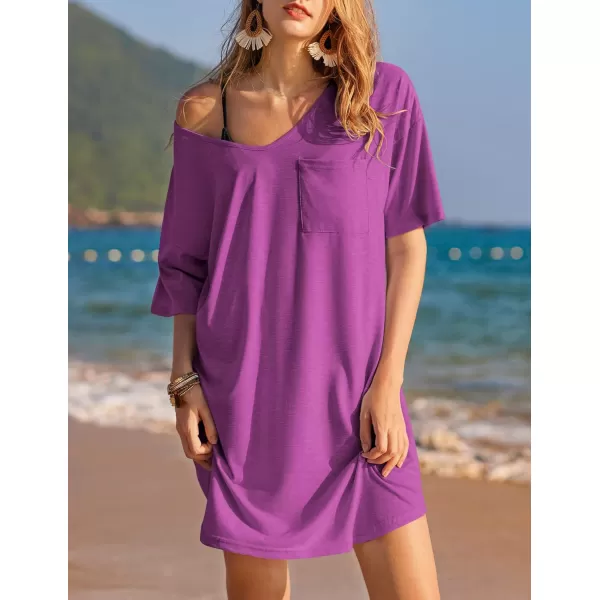 Ekouaer Womens Tshirt Nightgown Cotton V Neck Sleepshirts Comfy Casual Nightshirt for WomenRose Purple