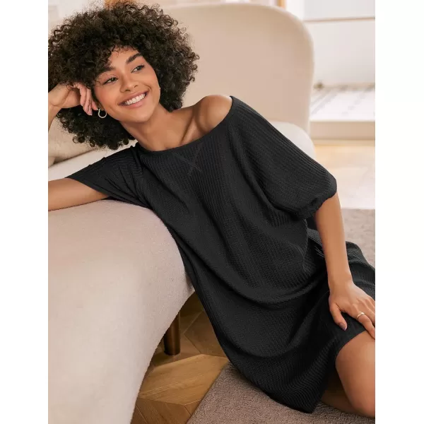Ekouaer Womens Tshirt Nightgown Waffle Knit Short Sleeve Sleepshirts Comfy Casual Cover UpsBlack