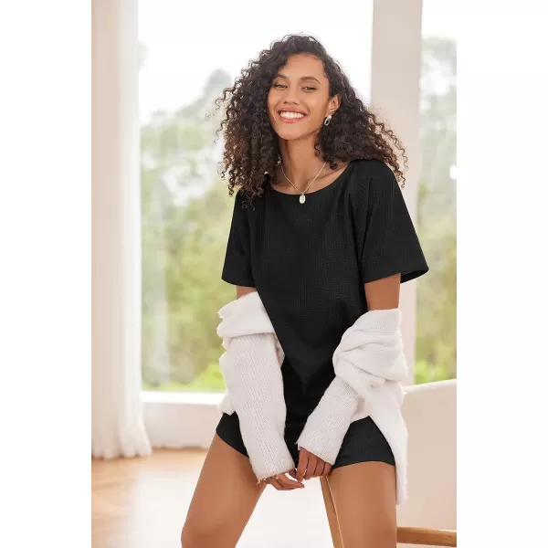 Ekouaer Womens Tshirt Nightgown Waffle Knit Short Sleeve Sleepshirts Comfy Casual Cover UpsBlack