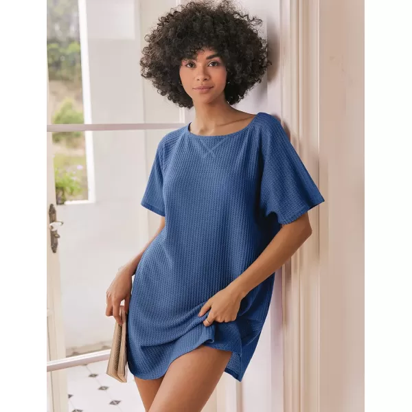 Ekouaer Womens Tshirt Nightgown Waffle Knit Short Sleeve Sleepshirts Comfy Casual Cover UpsDark Blue