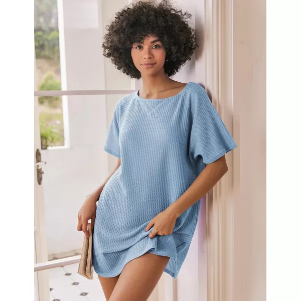 Ekouaer Womens Tshirt Nightgown Waffle Knit Short Sleeve Sleepshirts Comfy Casual Cover UpsLight Blue