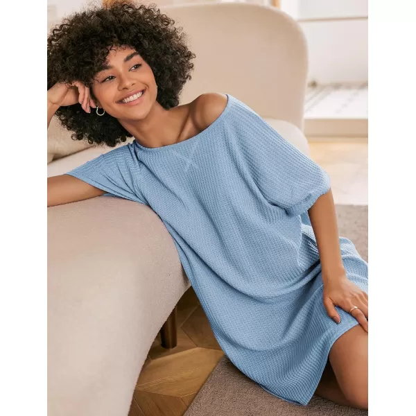 Ekouaer Womens Tshirt Nightgown Waffle Knit Short Sleeve Sleepshirts Comfy Casual Cover UpsLight Blue