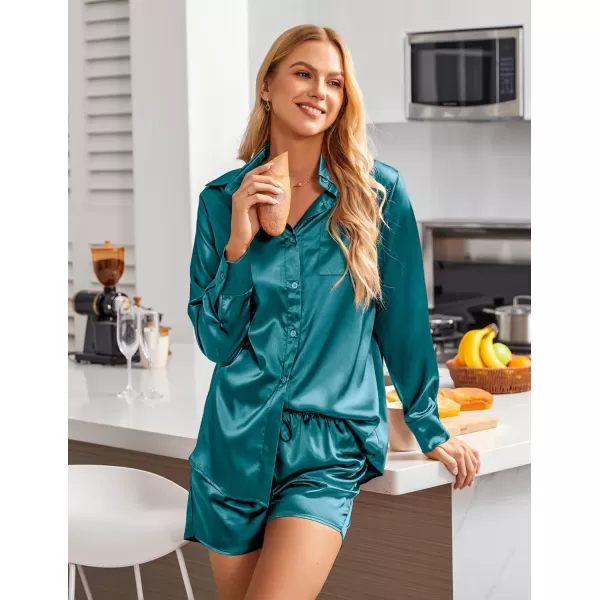 Ekouaer Womens Two Piece Satin Pajama Set Long Sleeve Lounge Sets Button Down Shirts and Shorts PJs Soft Sleepwear SetBlue Green