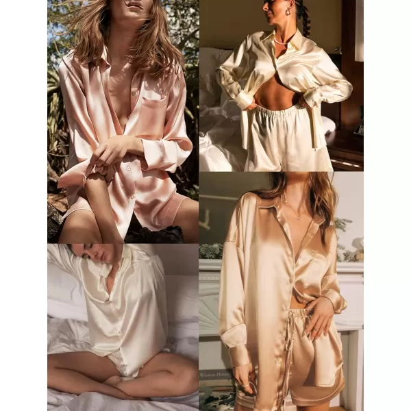 Ekouaer Womens Two Piece Satin Pajama Set Long Sleeve Lounge Sets Button Down Shirts and Shorts PJs Soft Sleepwear SetBrown