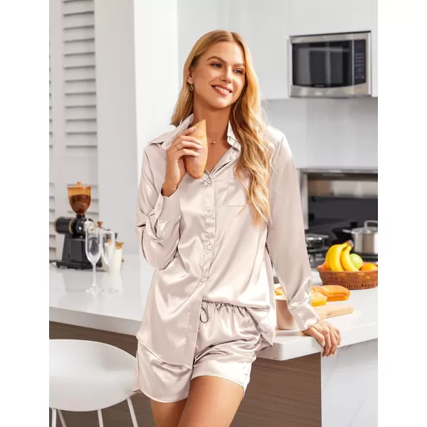 Ekouaer Womens Two Piece Satin Pajama Set Long Sleeve Lounge Sets Button Down Shirts and Shorts PJs Soft Sleepwear SetChampagne