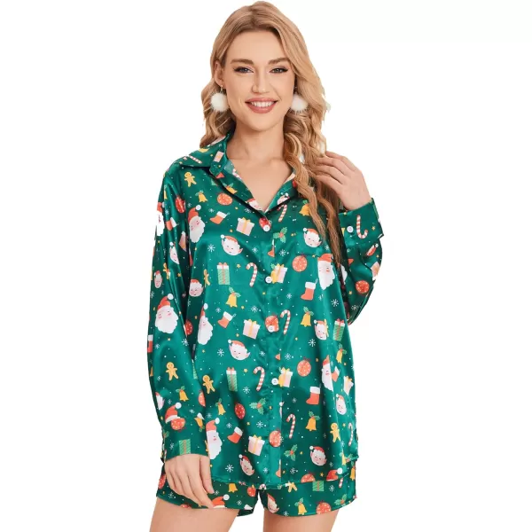 Ekouaer Womens Two Piece Satin Pajama Set Long Sleeve Lounge Sets Button Down Shirts and Shorts PJs Soft Sleepwear SetChristmasgreen Snowman