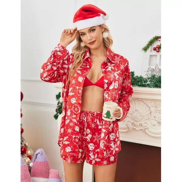 Ekouaer Womens Two Piece Satin Pajama Set Long Sleeve Lounge Sets Button Down Shirts and Shorts PJs Soft Sleepwear SetChristmasred Bell