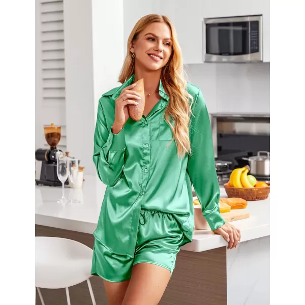 Ekouaer Womens Two Piece Satin Pajama Set Long Sleeve Lounge Sets Button Down Shirts and Shorts PJs Soft Sleepwear SetGreen