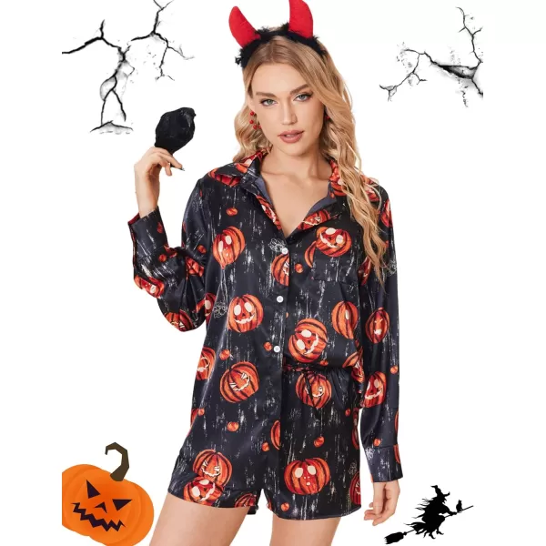 Ekouaer Womens Two Piece Satin Pajama Set Long Sleeve Lounge Sets Button Down Shirts and Shorts PJs Soft Sleepwear SetHalloween Pumpkin