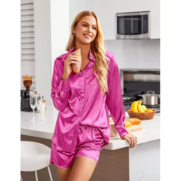 Ekouaer Womens Two Piece Satin Pajama Set Long Sleeve Lounge Sets Button Down Shirts and Shorts PJs Soft Sleepwear SetHot Pink