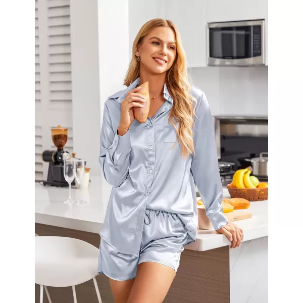 Ekouaer Womens Two Piece Satin Pajama Set Long Sleeve Lounge Sets Button Down Shirts and Shorts PJs Soft Sleepwear SetLight Blue