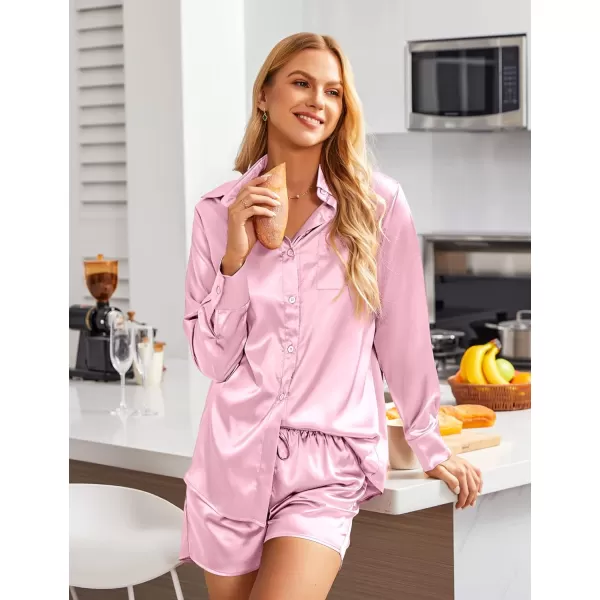 Ekouaer Womens Two Piece Satin Pajama Set Long Sleeve Lounge Sets Button Down Shirts and Shorts PJs Soft Sleepwear SetLight Pink