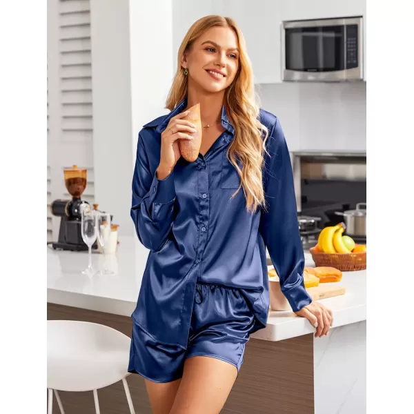 Ekouaer Womens Two Piece Satin Pajama Set Long Sleeve Lounge Sets Button Down Shirts and Shorts PJs Soft Sleepwear SetNavy Blue