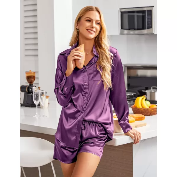 Ekouaer Womens Two Piece Satin Pajama Set Long Sleeve Lounge Sets Button Down Shirts and Shorts PJs Soft Sleepwear SetPurple