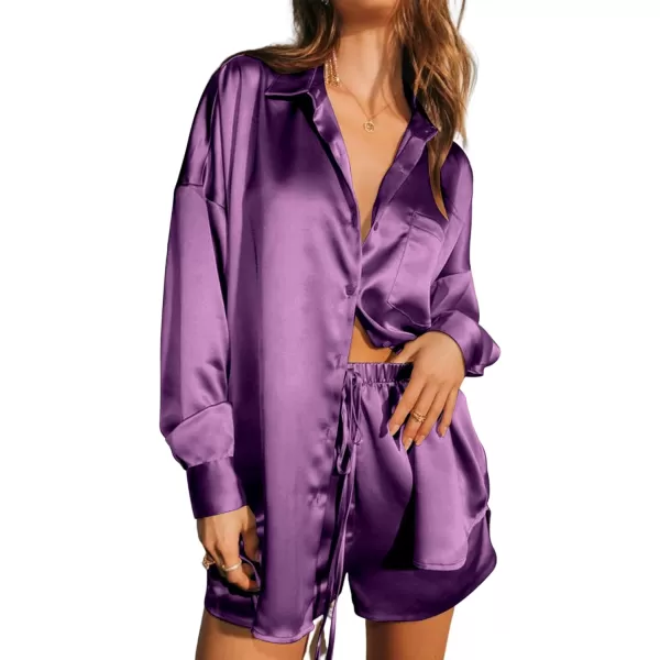 Ekouaer Womens Two Piece Satin Pajama Set Long Sleeve Lounge Sets Button Down Shirts and Shorts PJs Soft Sleepwear SetPurple