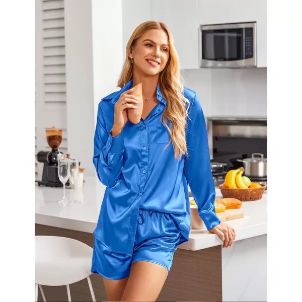 Ekouaer Womens Two Piece Satin Pajama Set Long Sleeve Lounge Sets Button Down Shirts and Shorts PJs Soft Sleepwear SetSky Blue