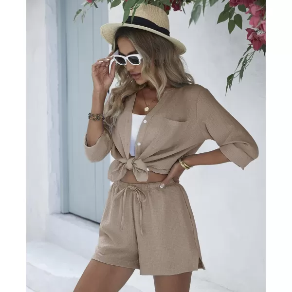Ekouaer Womens V Neck Lounge Sets Button Down Shirt and Shorts 2 Piece Outfits Loungewear Pajama with PocketsBeige