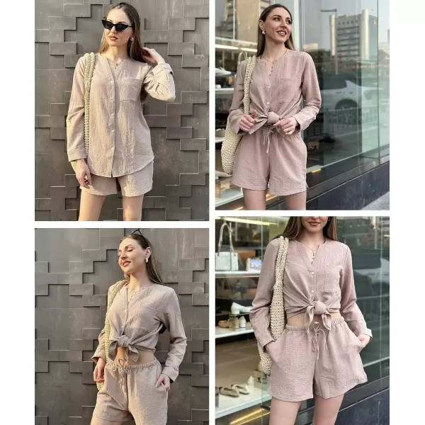 Ekouaer Womens V Neck Lounge Sets Button Down Shirt and Shorts 2 Piece Outfits Loungewear Pajama with PocketsBeige