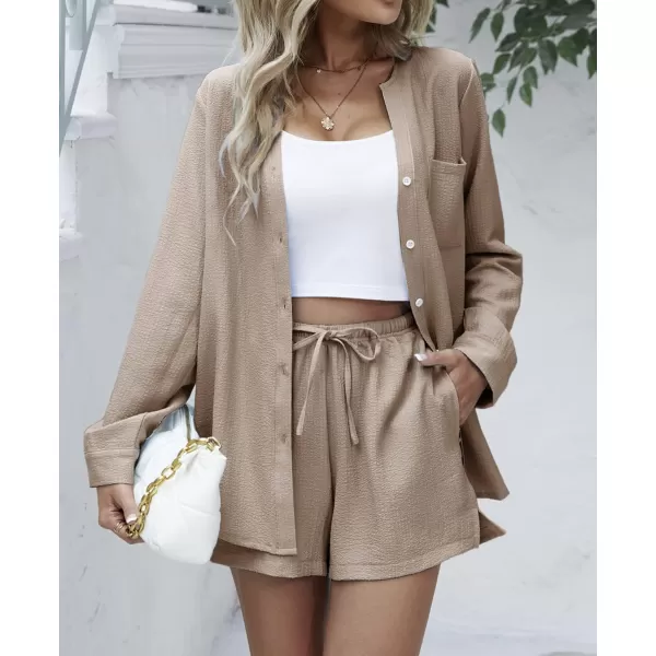 Ekouaer Womens V Neck Lounge Sets Button Down Shirt and Shorts 2 Piece Outfits Loungewear Pajama with PocketsBeige