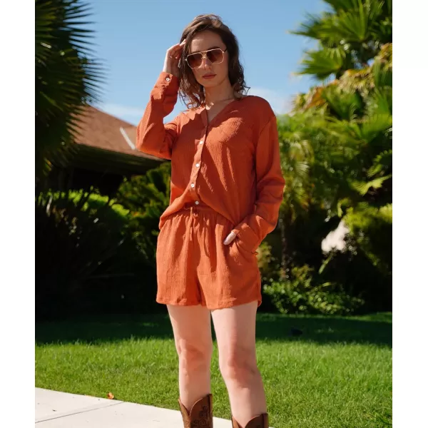 Ekouaer Womens V Neck Lounge Sets Button Down Shirt and Shorts 2 Piece Outfits Loungewear Pajama with PocketsCaramel
