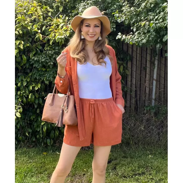 Ekouaer Womens V Neck Lounge Sets Button Down Shirt and Shorts 2 Piece Outfits Loungewear Pajama with PocketsCaramel