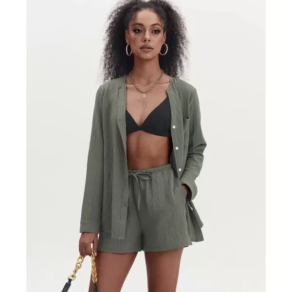 Ekouaer Womens V Neck Lounge Sets Button Down Shirt and Shorts 2 Piece Outfits Loungewear Pajama with PocketsDark Army Green