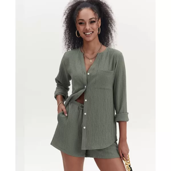 Ekouaer Womens V Neck Lounge Sets Button Down Shirt and Shorts 2 Piece Outfits Loungewear Pajama with PocketsDark Army Green