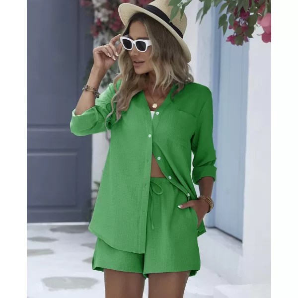 Ekouaer Womens V Neck Lounge Sets Button Down Shirt and Shorts 2 Piece Outfits Loungewear Pajama with PocketsGreen