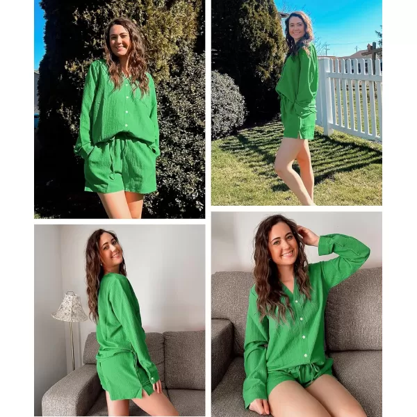 Ekouaer Womens V Neck Lounge Sets Button Down Shirt and Shorts 2 Piece Outfits Loungewear Pajama with PocketsGreen