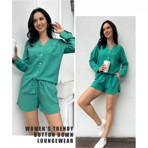 Ekouaer Womens V Neck Lounge Sets Button Down Shirt and Shorts 2 Piece Outfits Loungewear Pajama with PocketsHarbor Blue