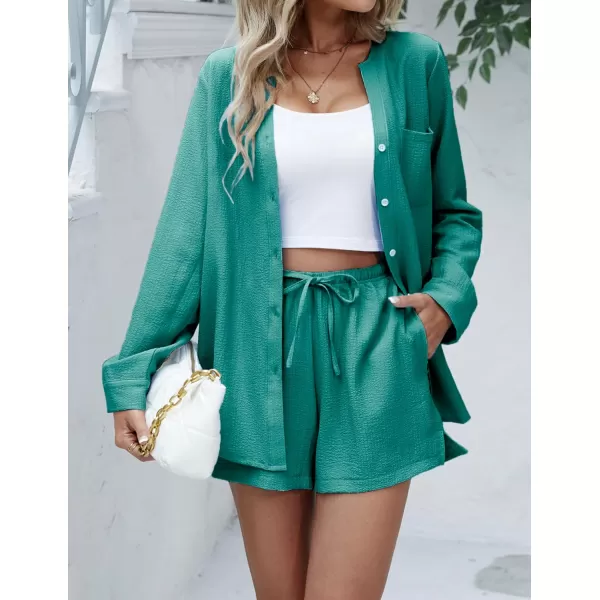 Ekouaer Womens V Neck Lounge Sets Button Down Shirt and Shorts 2 Piece Outfits Loungewear Pajama with PocketsHarbor Blue