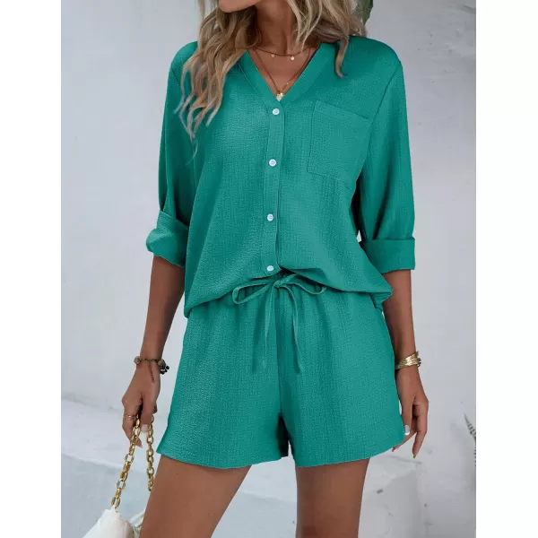 Ekouaer Womens V Neck Lounge Sets Button Down Shirt and Shorts 2 Piece Outfits Loungewear Pajama with PocketsHarbor Blue