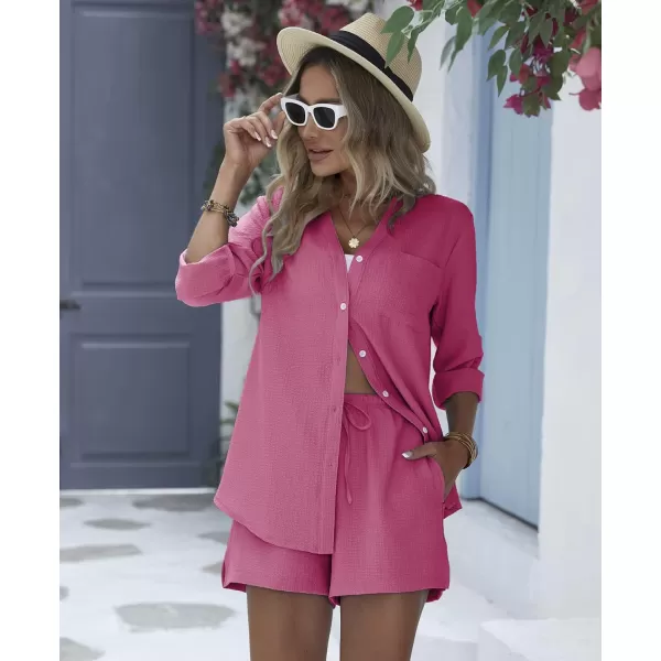 Ekouaer Womens V Neck Lounge Sets Button Down Shirt and Shorts 2 Piece Outfits Loungewear Pajama with PocketsHot Pink