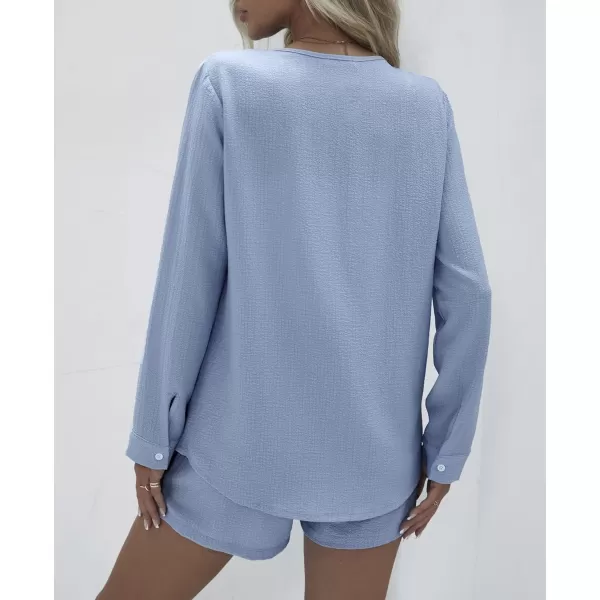 Ekouaer Womens V Neck Lounge Sets Button Down Shirt and Shorts 2 Piece Outfits Loungewear Pajama with PocketsLight Blue