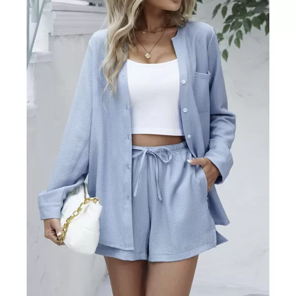 Ekouaer Womens V Neck Lounge Sets Button Down Shirt and Shorts 2 Piece Outfits Loungewear Pajama with PocketsLight Blue