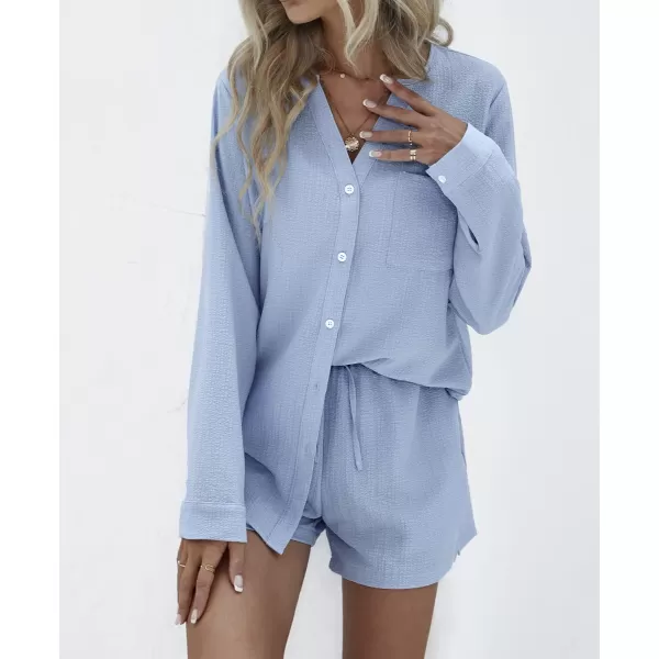 Ekouaer Womens V Neck Lounge Sets Button Down Shirt and Shorts 2 Piece Outfits Loungewear Pajama with PocketsLight Blue