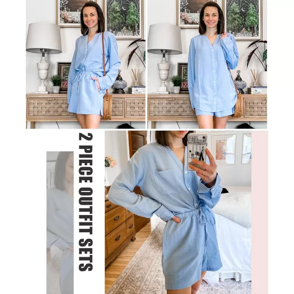 Ekouaer Womens V Neck Lounge Sets Button Down Shirt and Shorts 2 Piece Outfits Loungewear Pajama with PocketsLight Blue