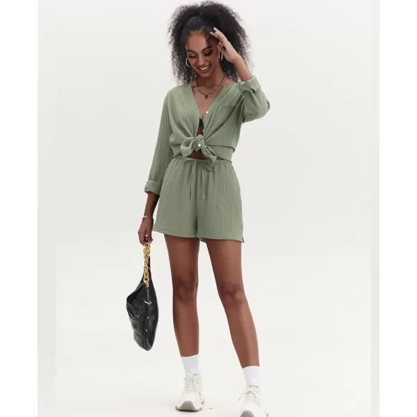 Ekouaer Womens V Neck Lounge Sets Button Down Shirt and Shorts 2 Piece Outfits Loungewear Pajama with PocketsLight Green
