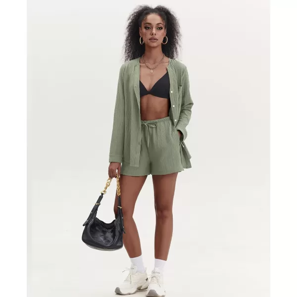 Ekouaer Womens V Neck Lounge Sets Button Down Shirt and Shorts 2 Piece Outfits Loungewear Pajama with PocketsLight Green